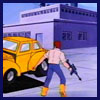 This is the shot where you get the full impact of seeing a guy in a biege shirt, blue pants and yellow boots... with a GUN.